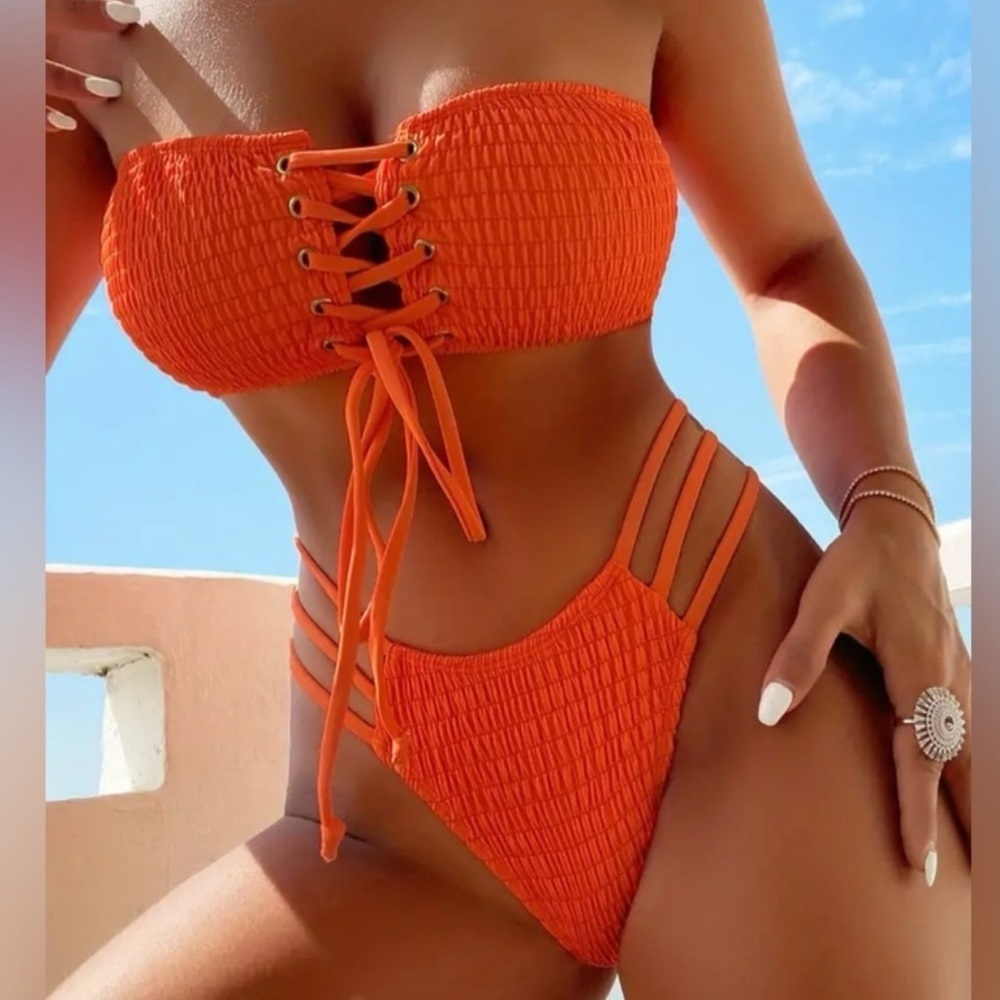 Orange Lace Up Bandeau High Cut Bikini Set